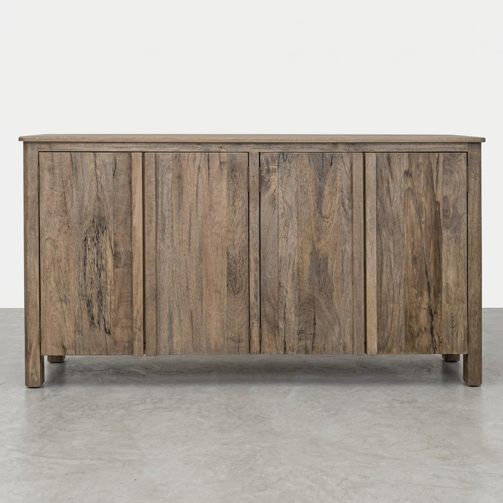 Wooden cabinet with open doors showing empty shelves.