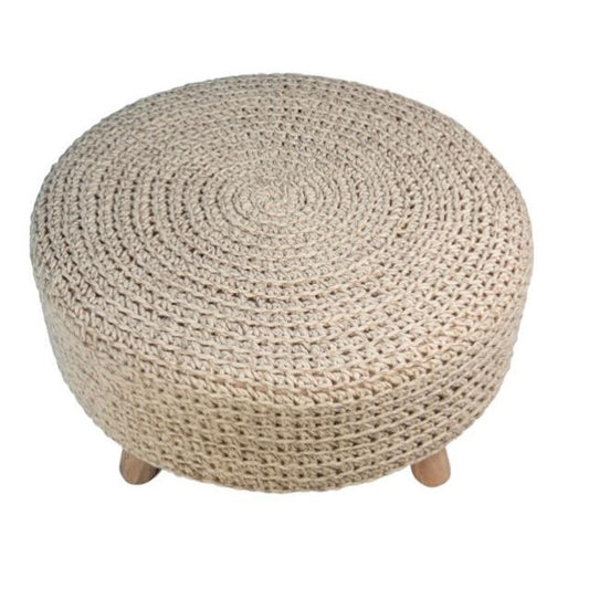Round woven ottoman with wooden legs.