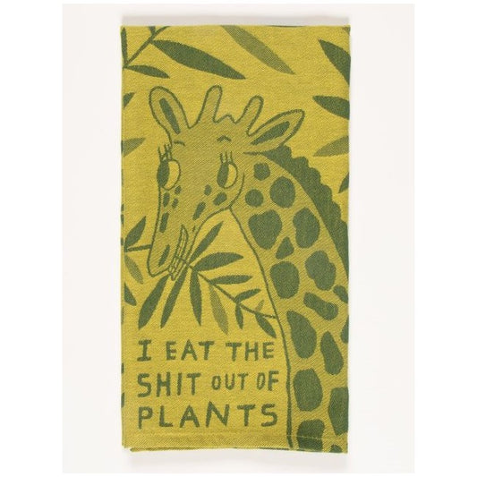 Giraffe towel with humorous text about eating plants.