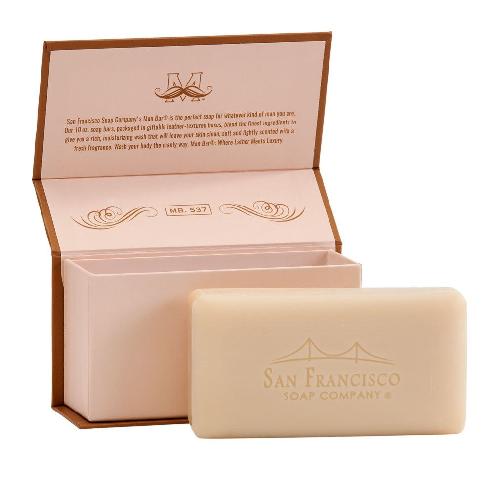 Beige soap bar in a decorative box from San Francisco Soap Company.