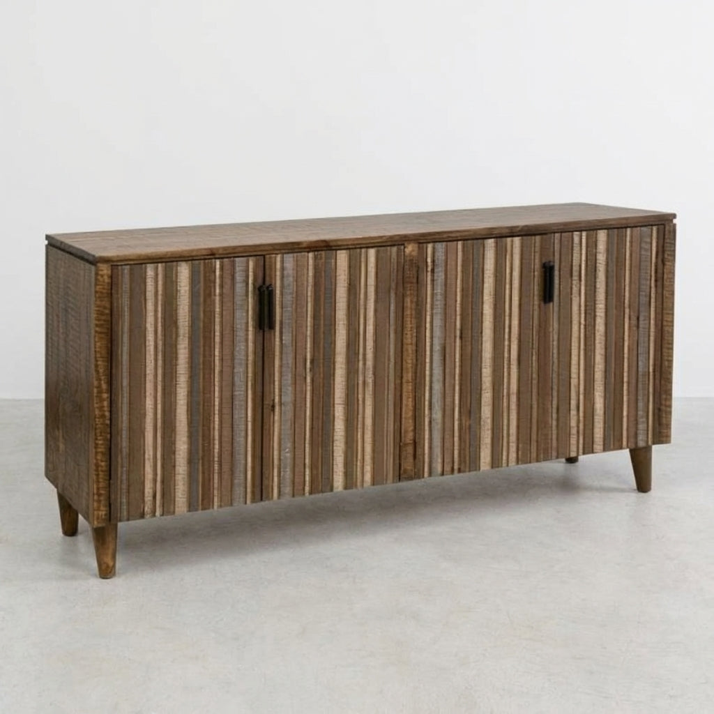Wooden sideboard with four open doors and shelves inside.