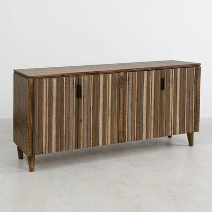 Wooden sideboard with four open doors and shelves inside.