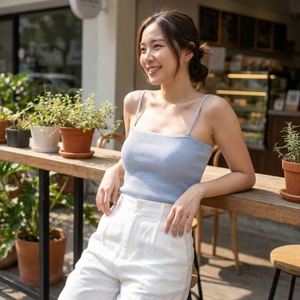 Smiling woman in blue top and white pants leaning against a table with potted plants.