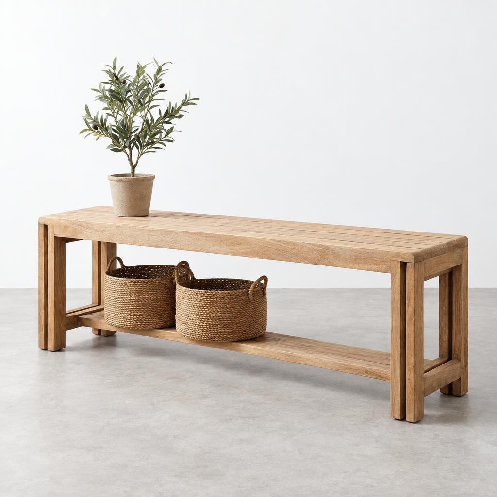 Wooden bench with curved slats, close-up view.