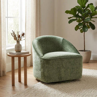 Green, round, plush swivel chair with a snug backrest design.