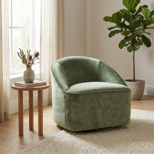 Green, round, plush swivel chair with a snug backrest design.