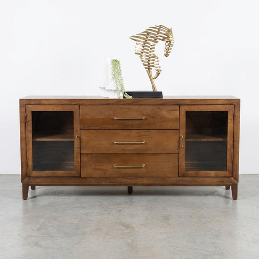 Wooden sideboard with three drawers and glass-paneled doors.