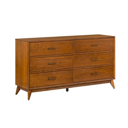 Mid-century modern wooden dresser with six drawers and angled legs.