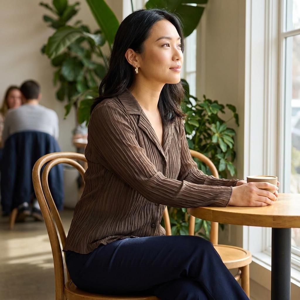 Woman sipping coffee by a window in a cozy café.