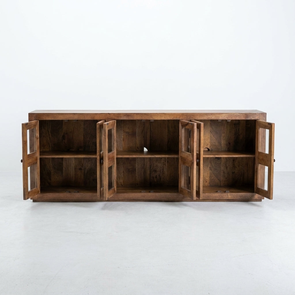 Wooden wall cabinet with four geometric glass doors.