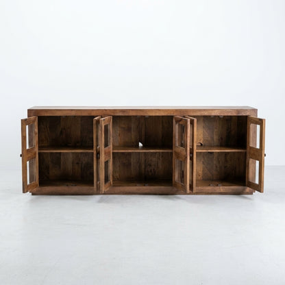 Wooden wall cabinet with four geometric glass doors.