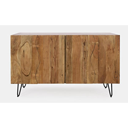 Wooden sideboard with metal legs and wavy grain pattern.