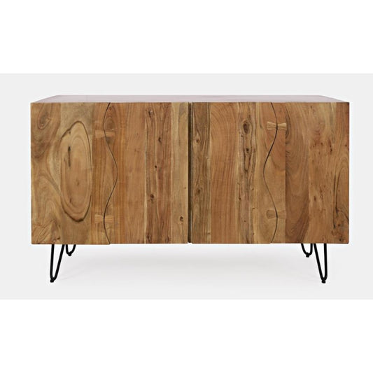 Wooden sideboard with metal legs and wavy grain pattern.