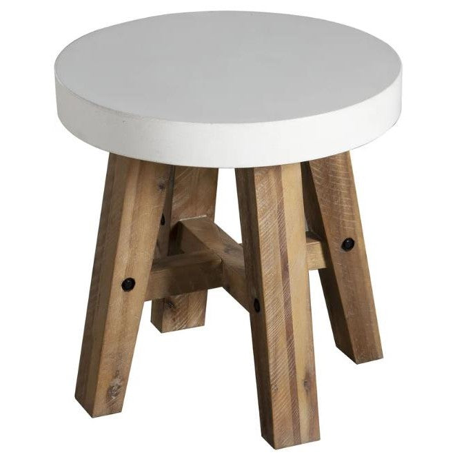 Wooden stool with round white top and sturdy legs.