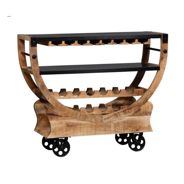 Wooden wine rack cart with metal wheels and shelves.