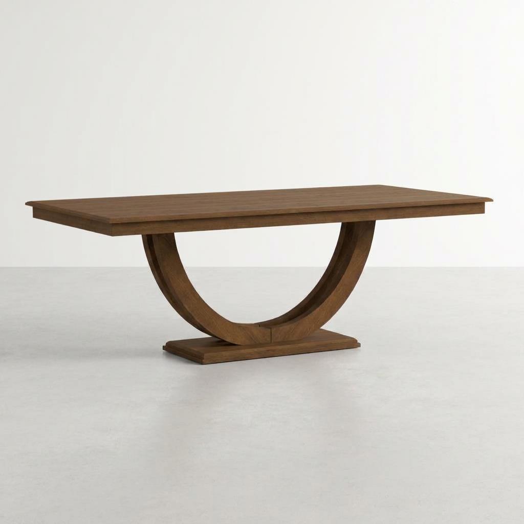 Elegant wooden table with a semi-circular base on a gray background.