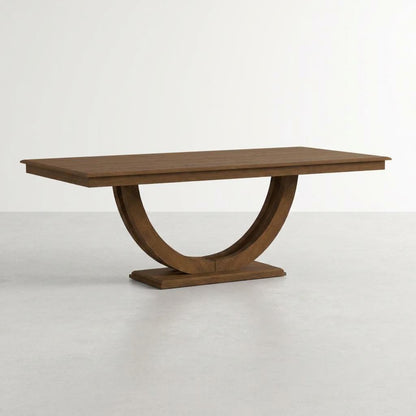Elegant wooden table with a semi-circular base on a gray background.