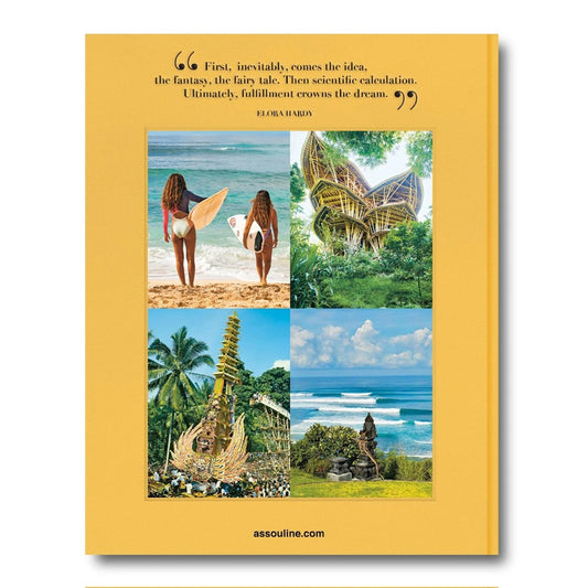 Collage: surfers, tropical architecture, festival, seascape; yellow border.