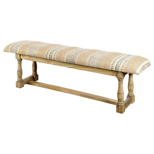 Wooden bench with patterned cushioned seat.