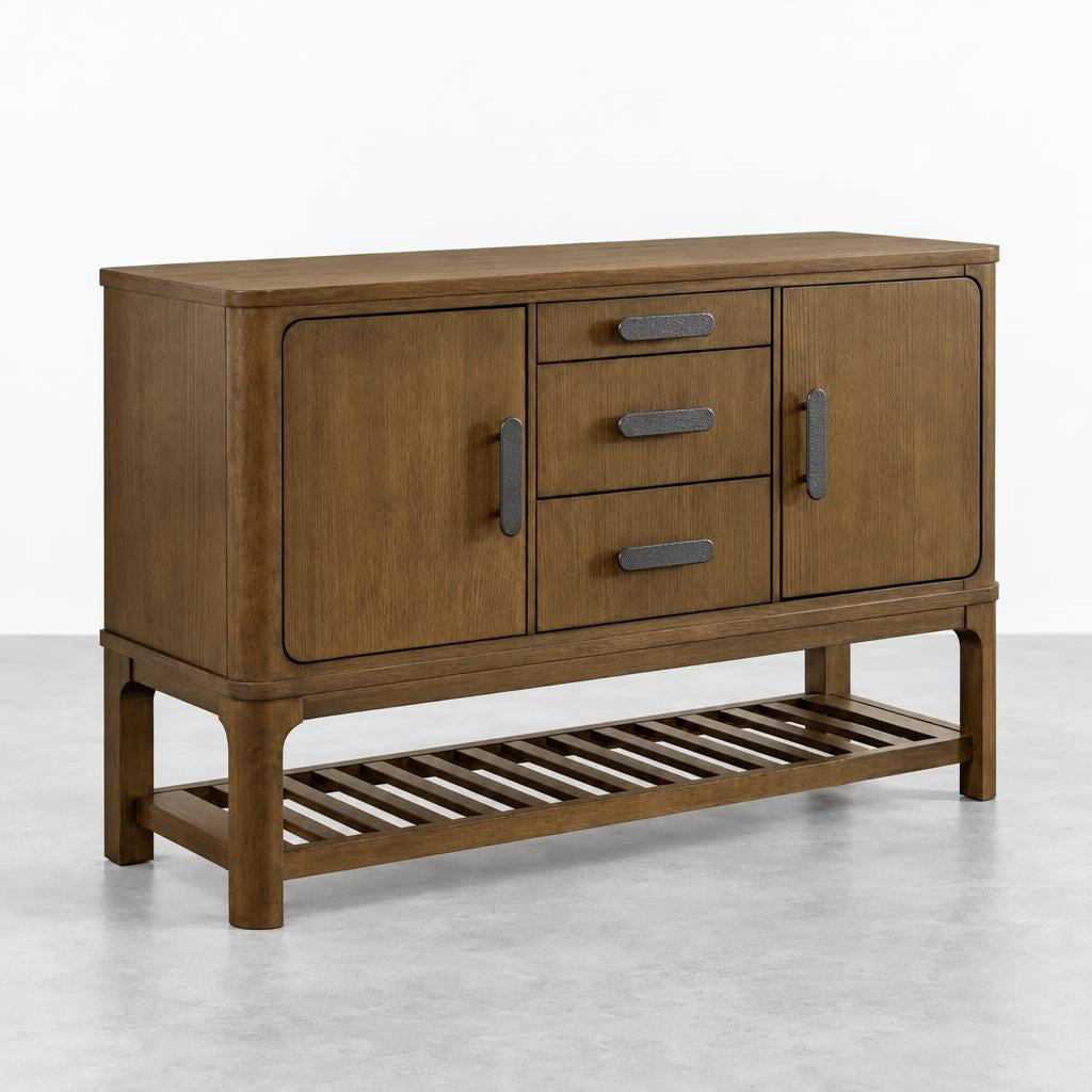 Wooden sideboard with two cabinets, three drawers, and a slatted shelf below.