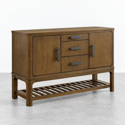 Wooden sideboard with two cabinets, three drawers, and a slatted shelf below.