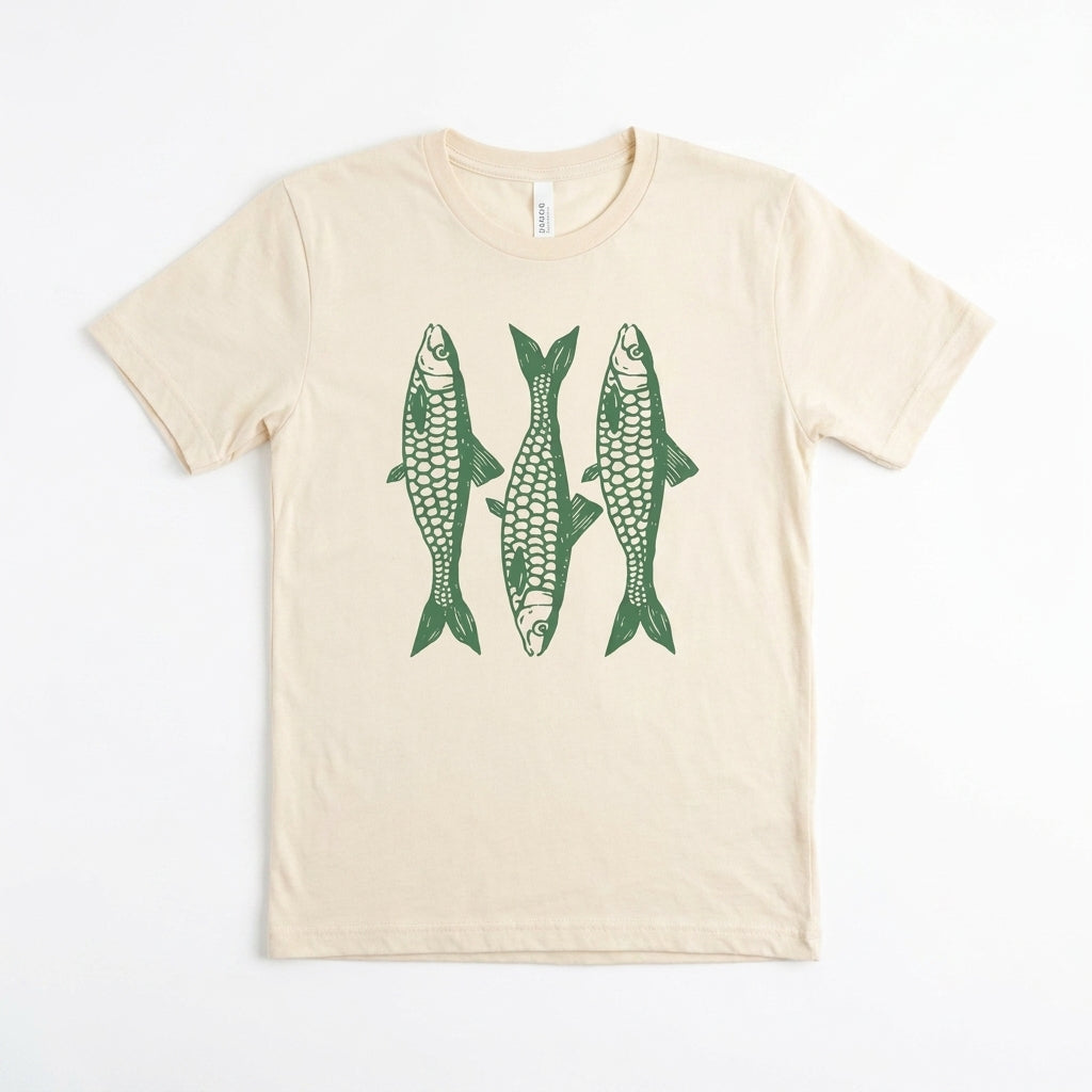 Beige T-shirt featuring three green fish illustrations.