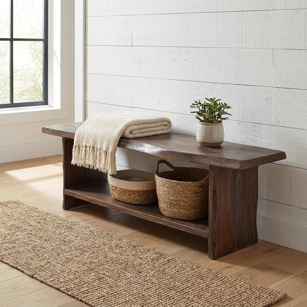 Rustic wooden bench with a shelf underneath.