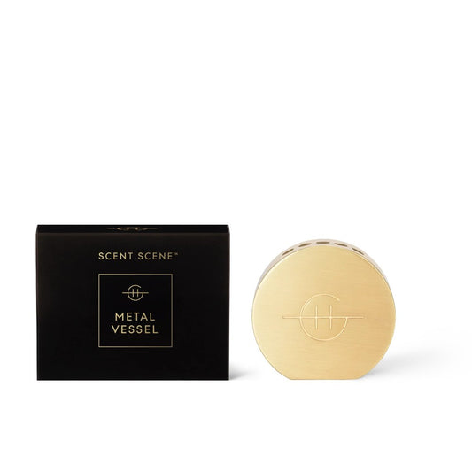 Black box and gold metal vessel with logo.