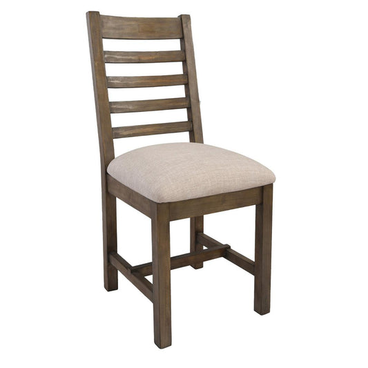 Wooden chair with a cushioned beige seat and ladder back design.