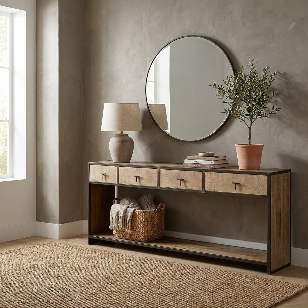 Wooden console table with four drawers and a lower shelf.