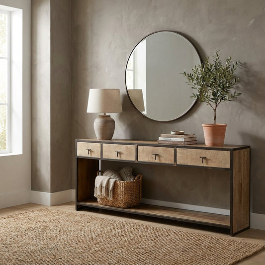 Wooden console table with four drawers and a lower shelf.