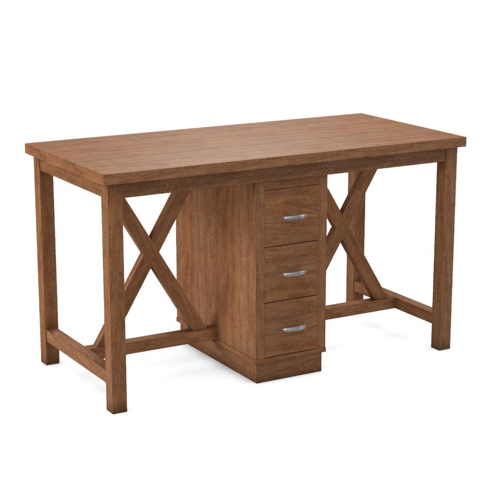Wooden desk with three drawers and cross-brace design.