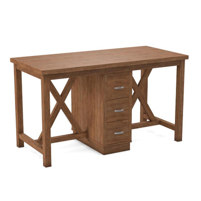 Wooden desk with three drawers and cross-brace design.