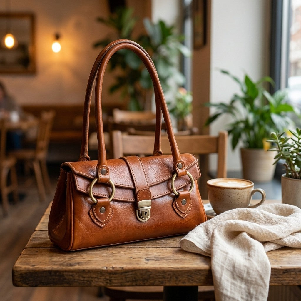 Brown leather bag on a cafe table with coffee and a fabric napkin.