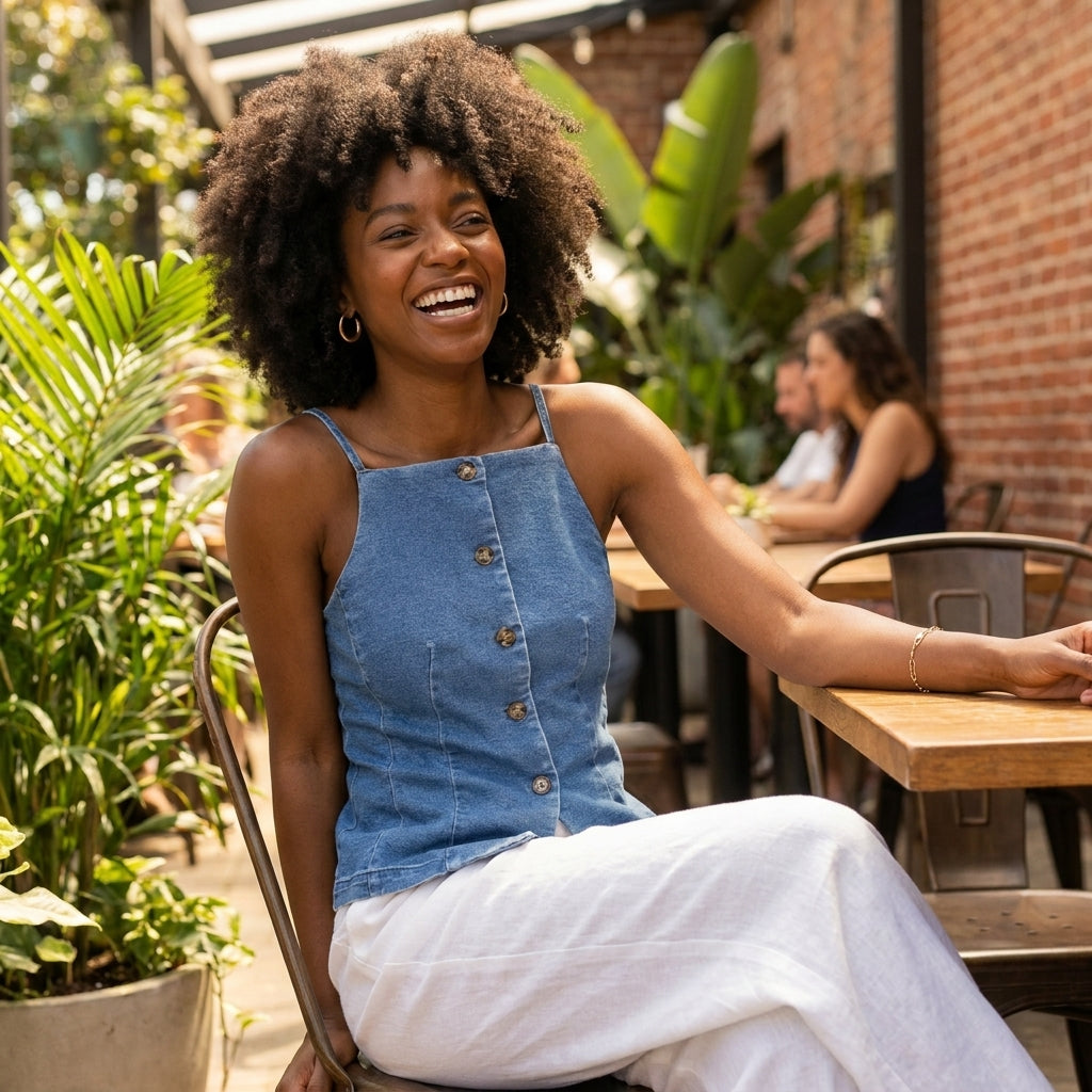 A woman enjoys a sunny day at an outdoor café, surrounded by green plants.