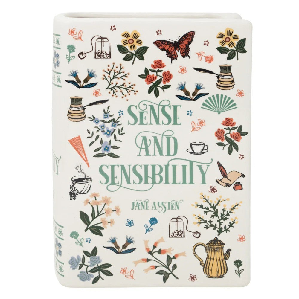 Decorative "Sense and Sensibility" book-themed design with flowers and teacups.