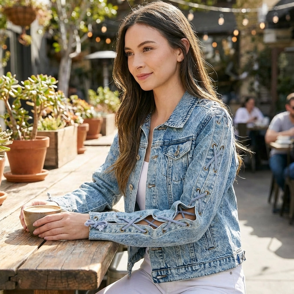 Person in denim jacket walks on a cobblestone street with sunlight in the background.