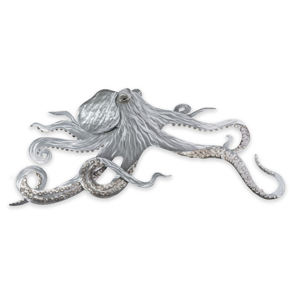 Silver octopus sculpture with detailed tentacles.