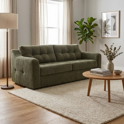 Gray, tufted, three-seater sofa on a white background.