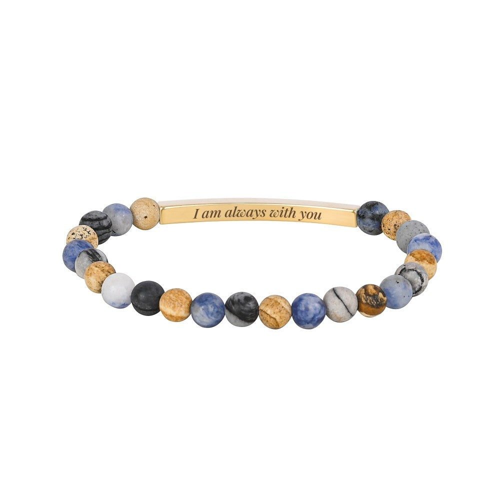 Beaded bracelet with a gold bar, engraved "I am always with you."