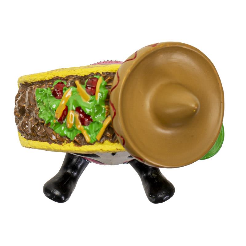 Taco-shaped figurine with a hat and legs.