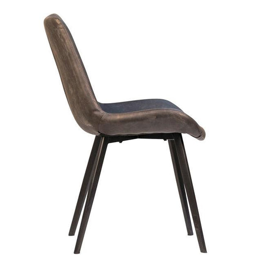 Side view of a modern gray chair with black legs.