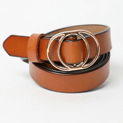 Brown belt with double-ring gold buckle on a white background.