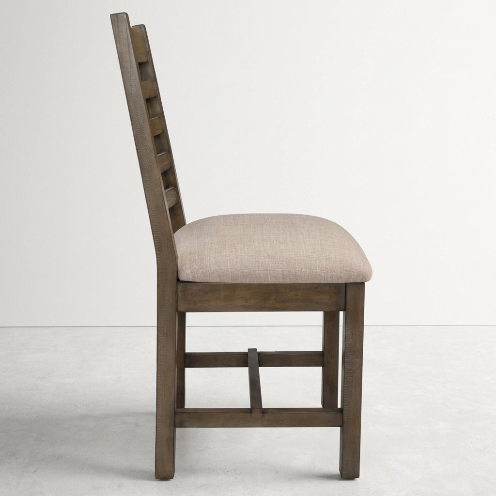 Wooden chair with a cushioned beige seat, side view.