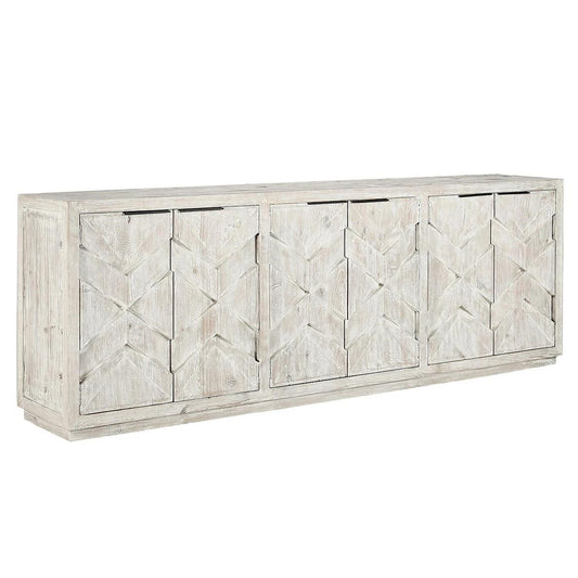 Wooden sideboard with geometric patterned doors in a light finish.