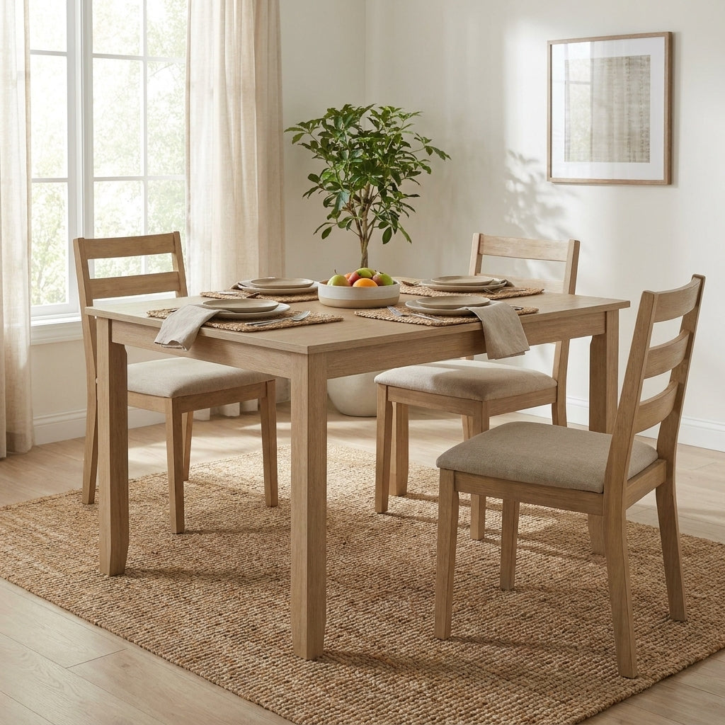 Simple wooden table with four legs.