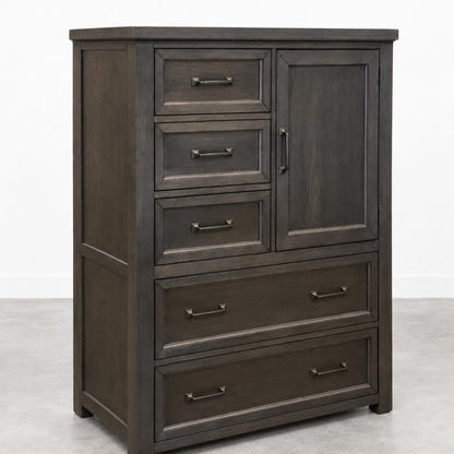 A dark wood dresser with multiple drawers and a cabinet door, shown against a plain background.