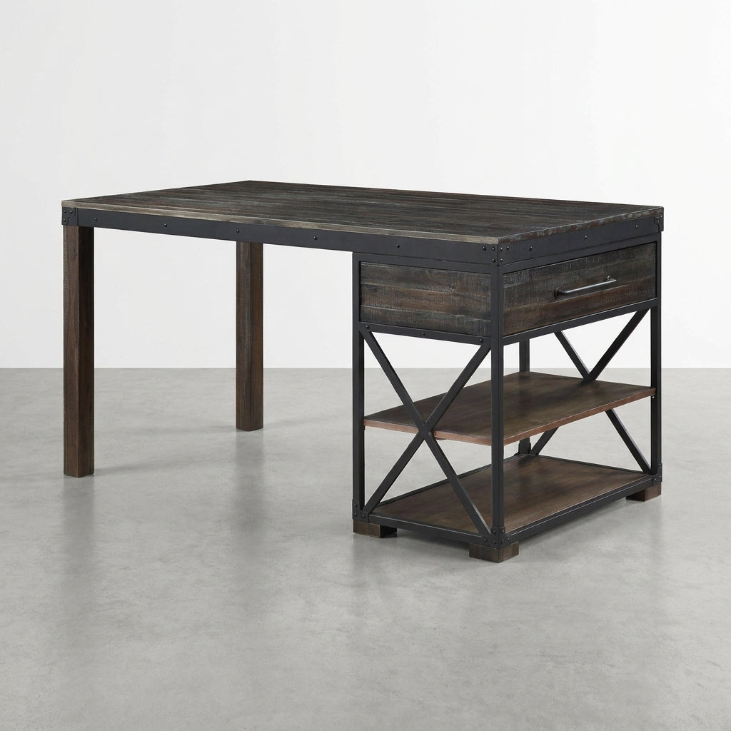 Industrial-style desk with wooden shelves and metal frame.