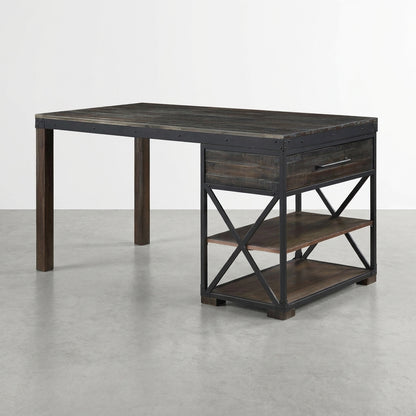 Industrial-style desk with wooden shelves and metal frame.