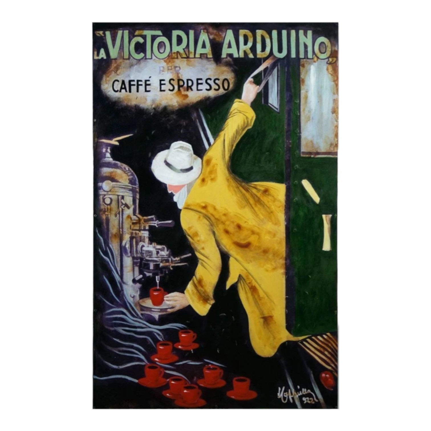 Art deco coffee ad with man in yellow making espresso.